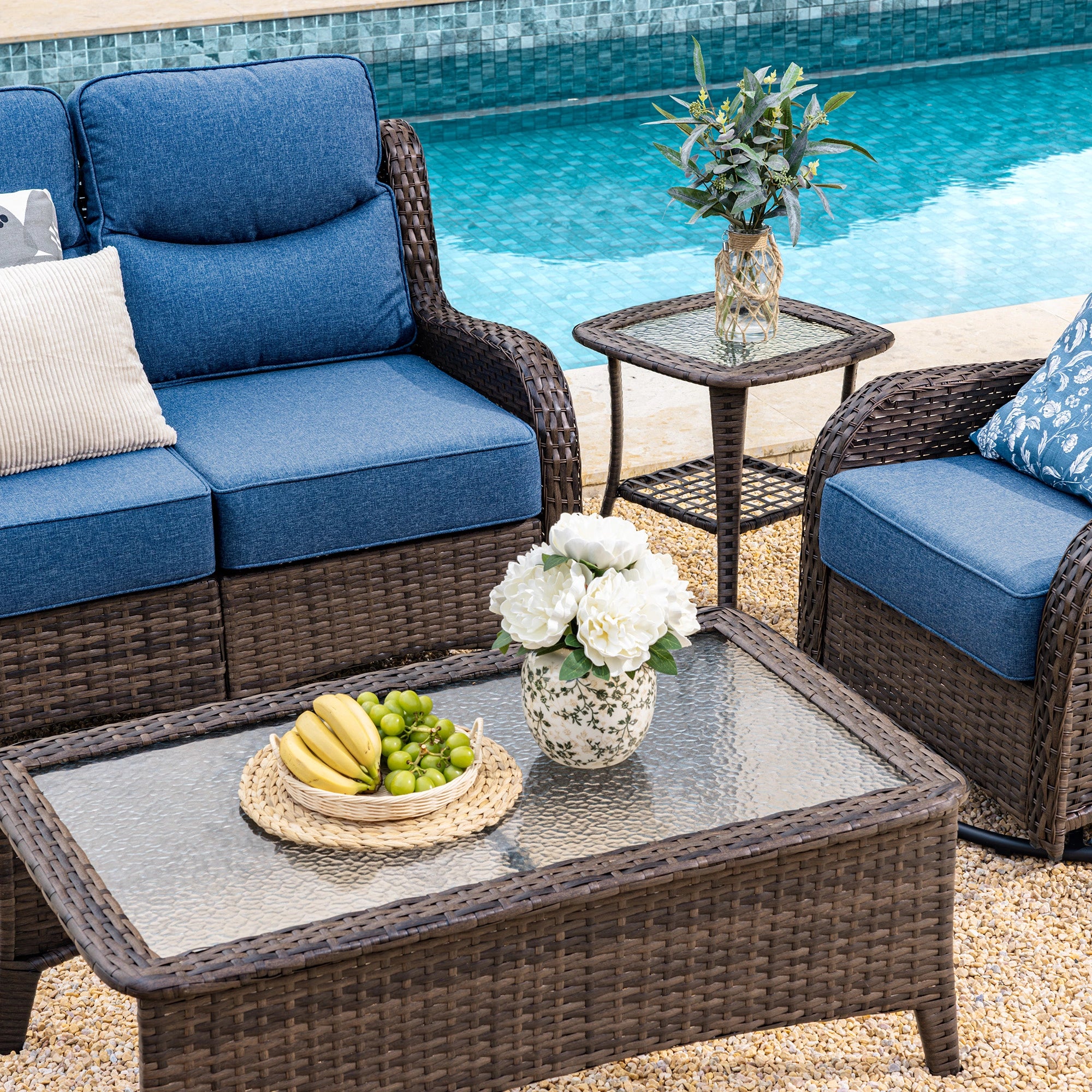 Hawthorne 4 Seater Patio Rattan Loveseat Set With Swivel Glider Chairs