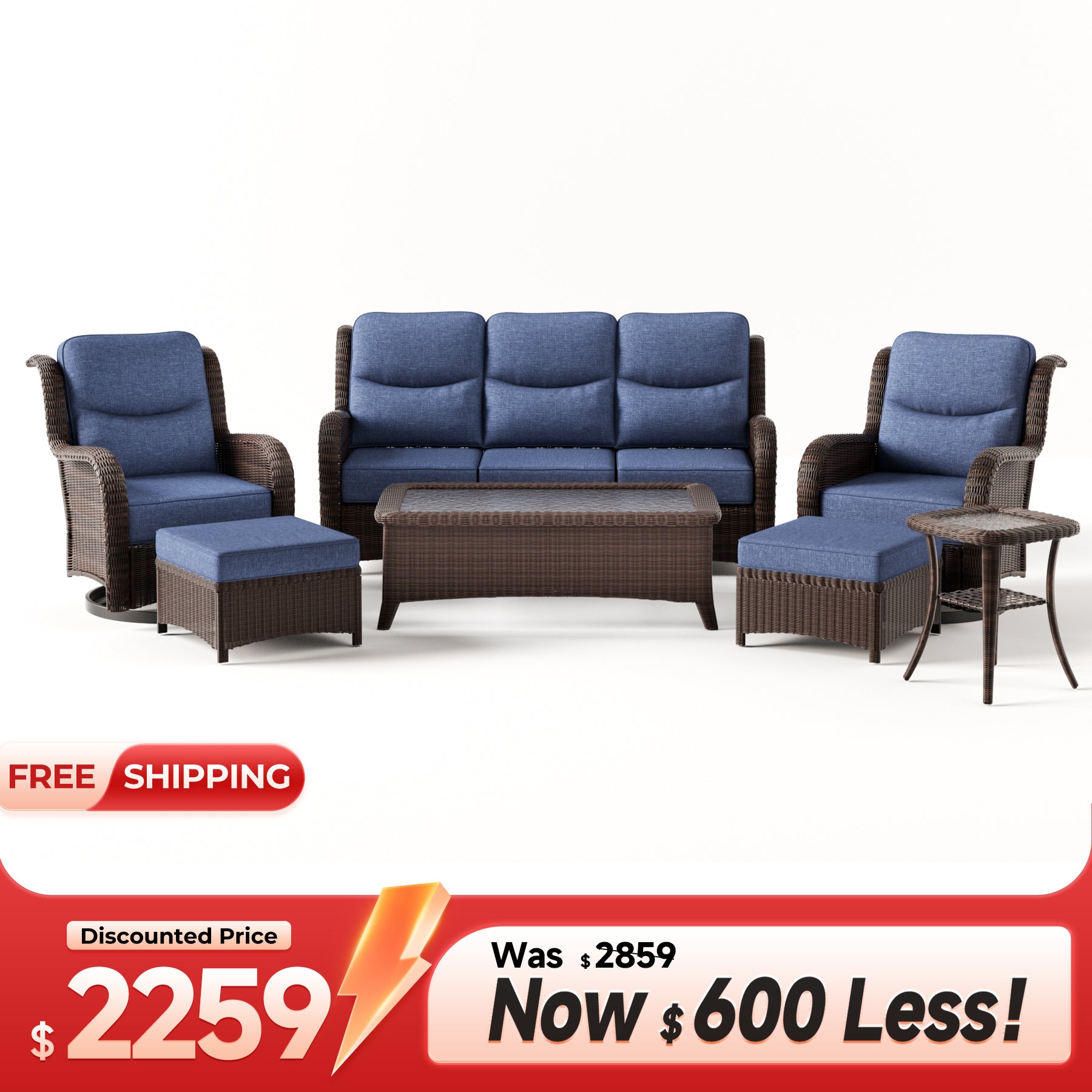 Ardenelle Luxury 7 Piece Patio Wicker Sofa Set With Ottomans, Tables And Covers
