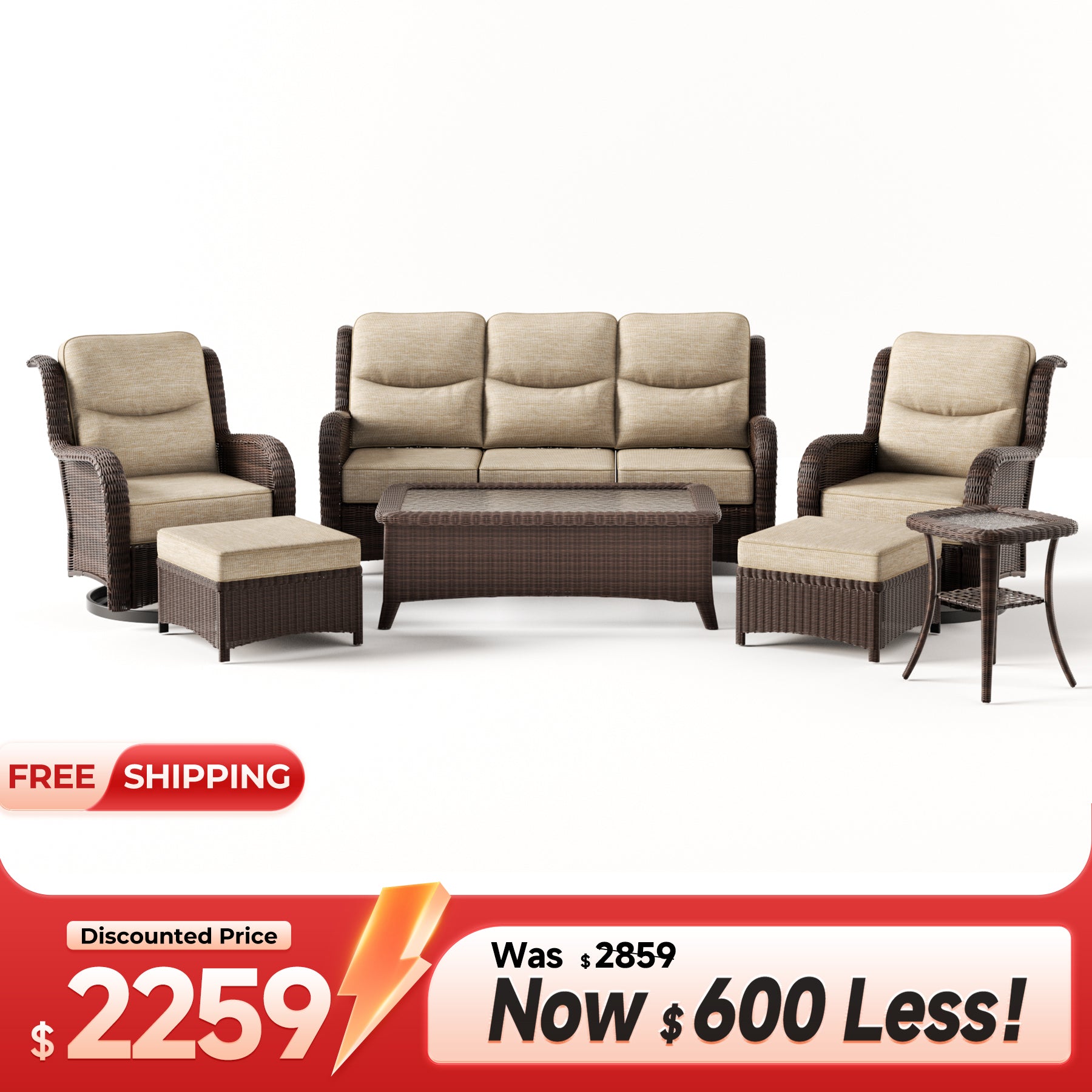 Ardenelle Luxury 7 Piece Patio Wicker Sofa Set With Ottomans, Tables And Covers