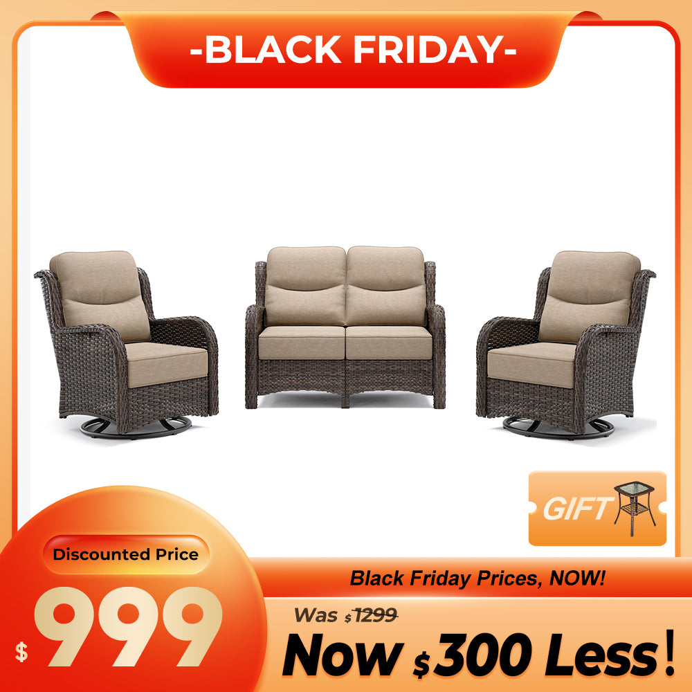 Hawthorne 4 Seater Patio Rattan Loveseat Set With Swivel Glider Chairs