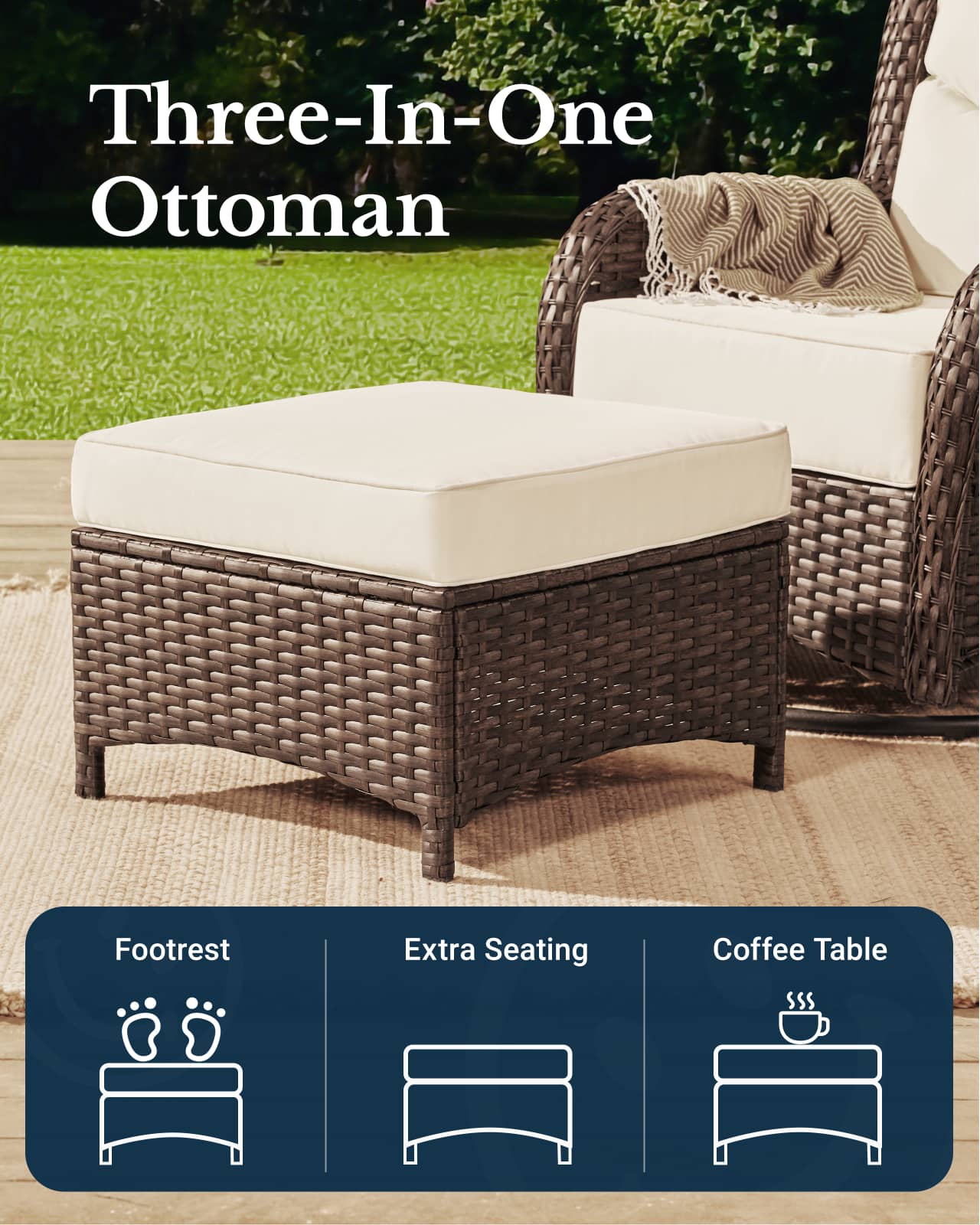 2PCS Flat Rattan White Ottomans