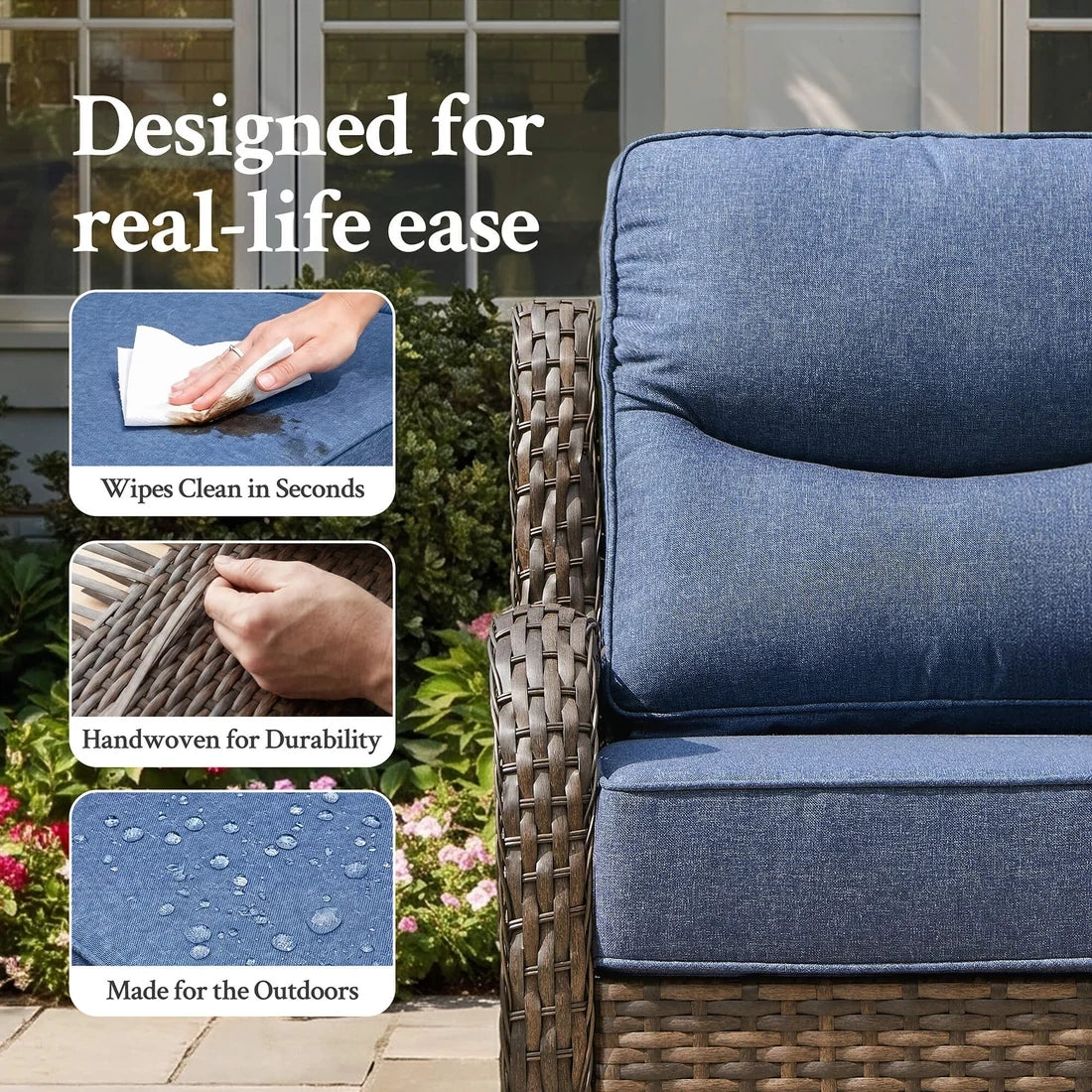 Hawthorne Blue Wicker Furniture Patio Sofa And Swivel Glider Chairs With 6-Inch Cushions