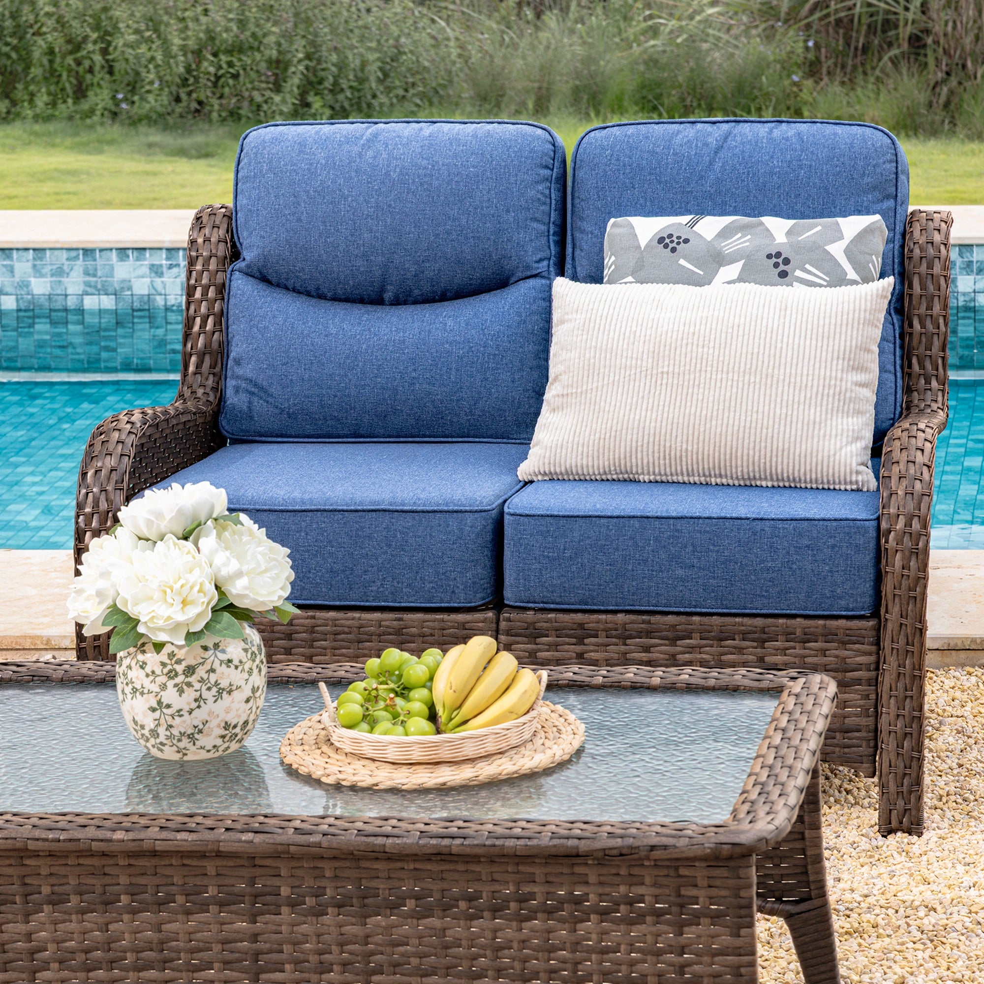 Hawthorne Patio Rattan 2 Seater Loveseat With High Back Design & 6-Inch Cushions