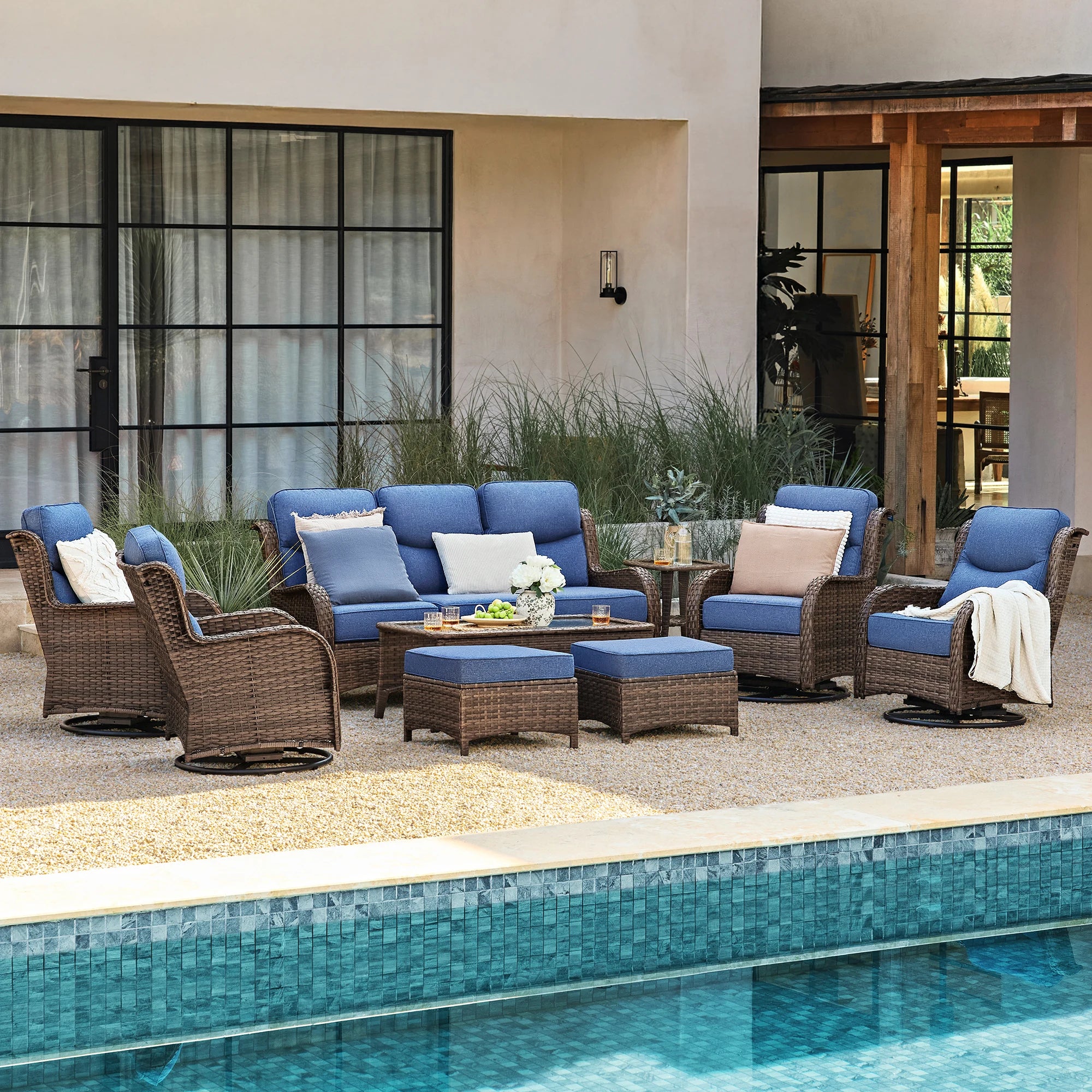 Hawthorne 9 Pieces All Weather Outdoor Wicker Sofa Set with Tables and Cushions for Backyard