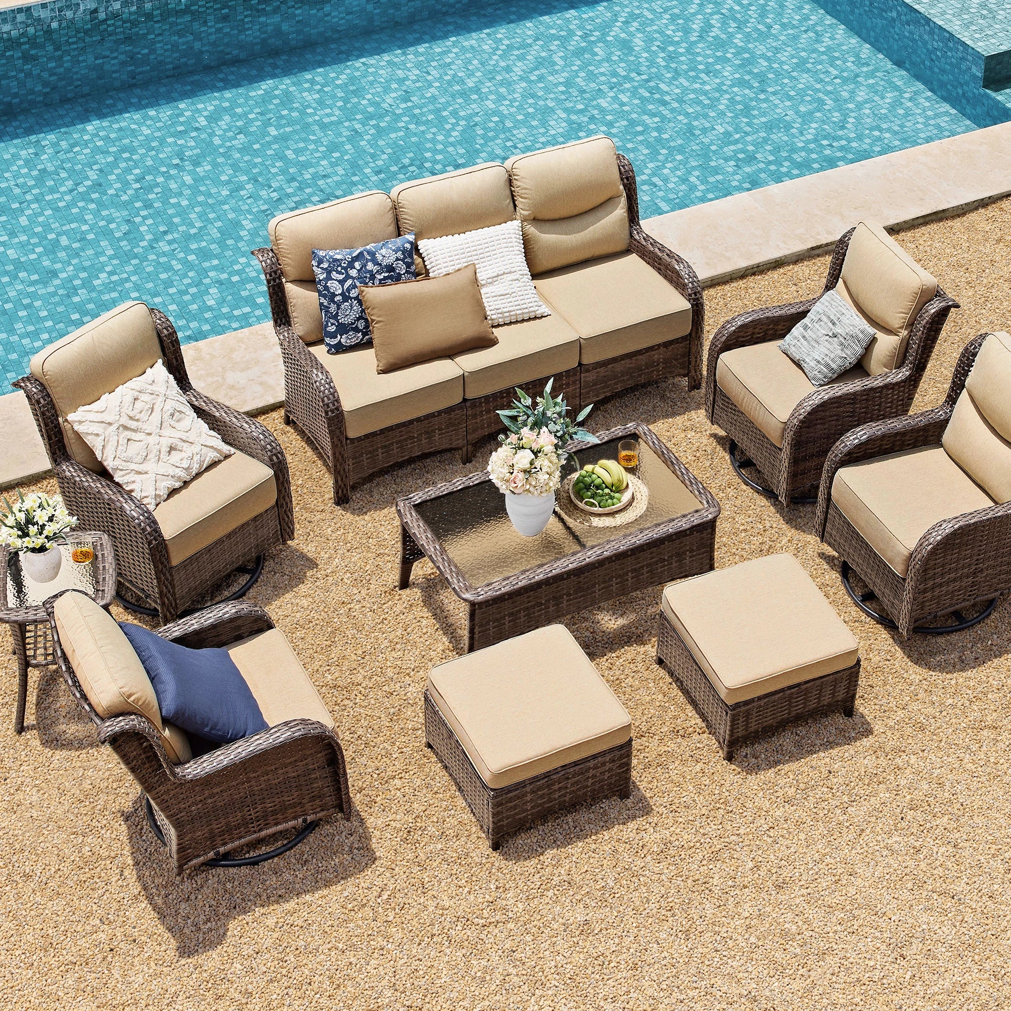 Hawthorne 9 Pieces All Weather Outdoor Wicker Sofa Set with Tables and Cushions for Backyard