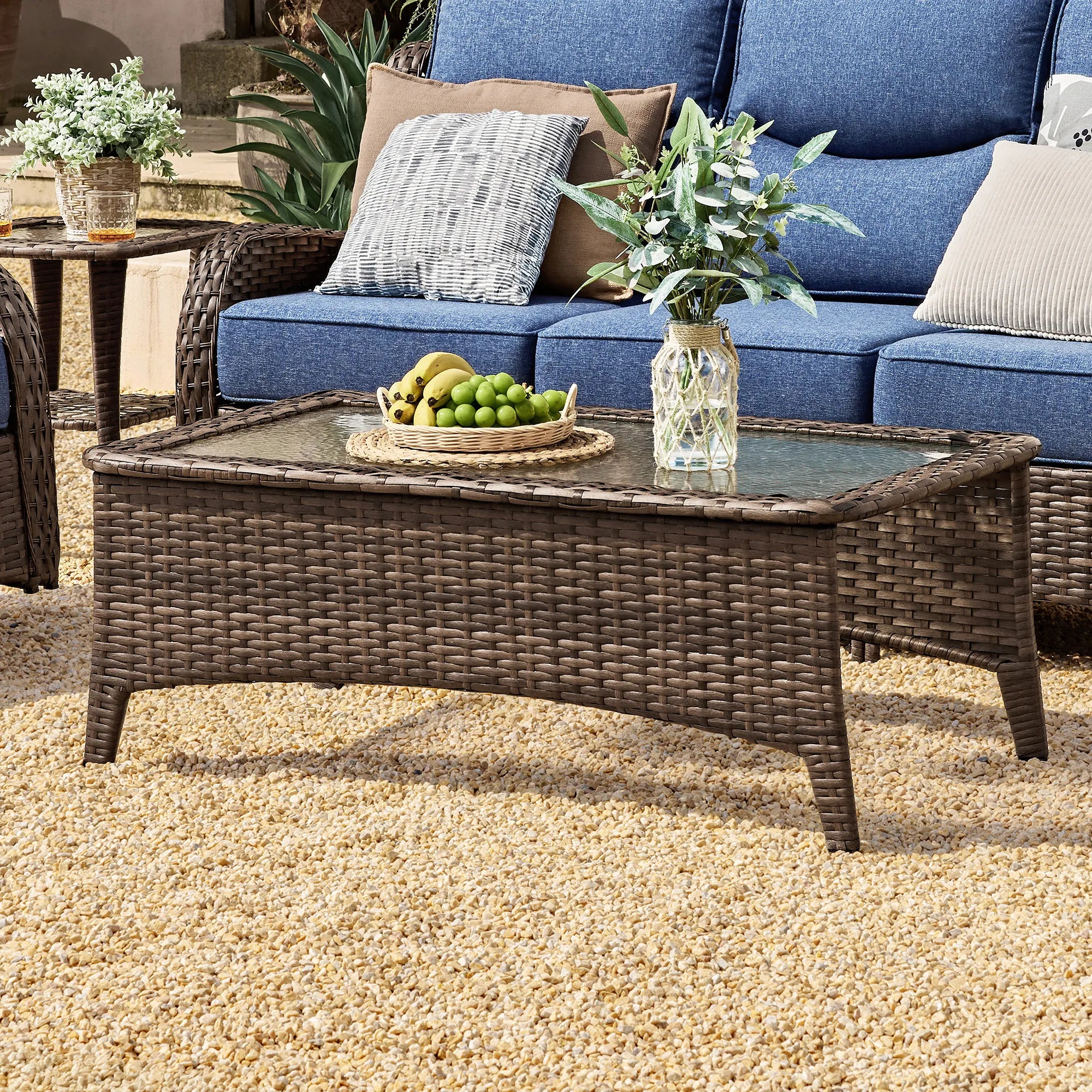Outdoor Wicker Coffee Table With Tempered Glass