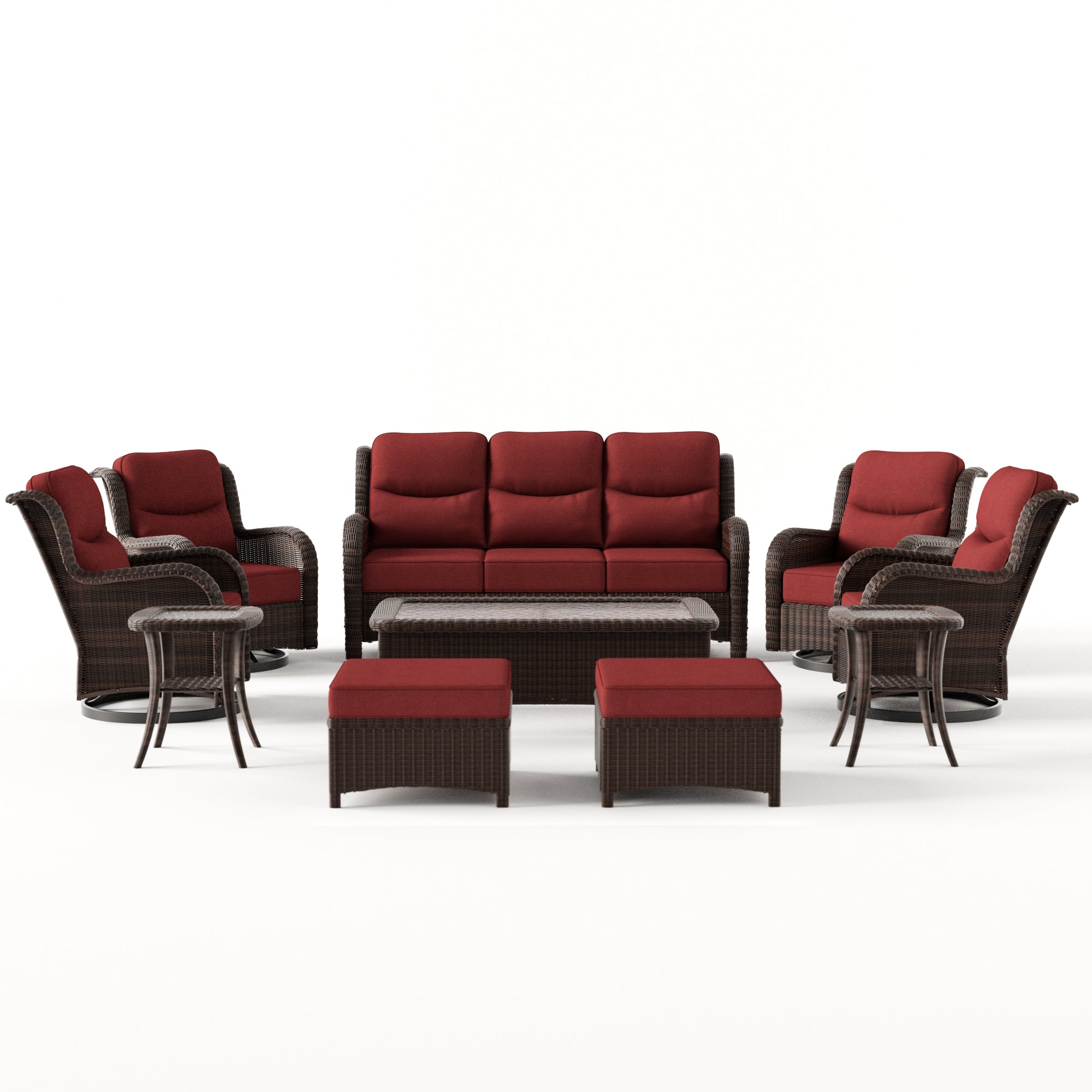 Ardenelle Luxury 9 Piece Patio Wicker Sofa Set With Ottomans, Tables And Covers