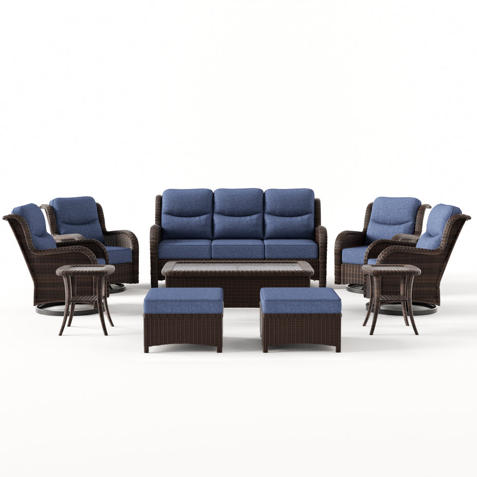 Ardenelle Luxury 10 Piece Patio Wicker Sofa Set With Ottomans, Tables