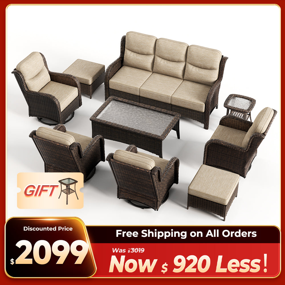 Hawthorne 9 Pieces All Weather Outdoor Wicker Sofa Set with Tables and Cushions for Backyard