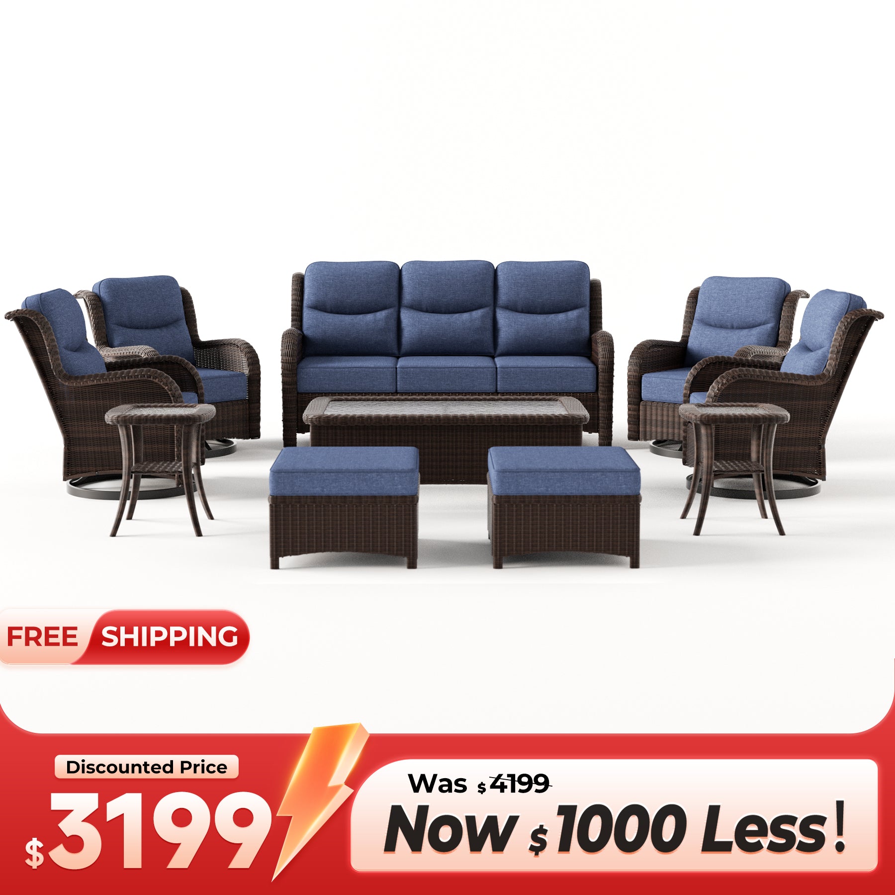 Ardenelle Luxury 9 Piece Patio Wicker Sofa Set With Ottomans, Tables And Covers