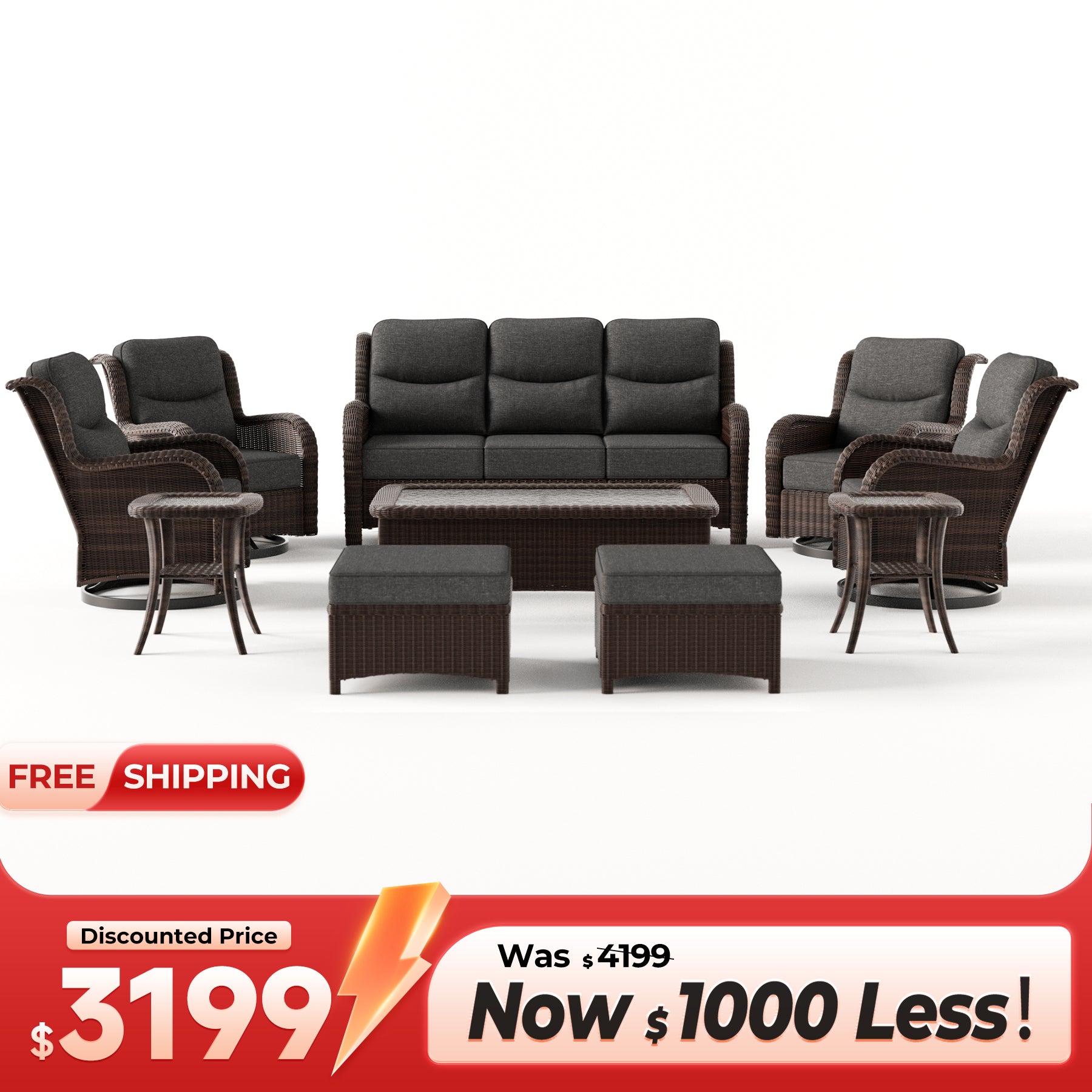 Ardenelle Luxury 9 Piece Patio Wicker Sofa Set With Ottomans, Tables And Covers