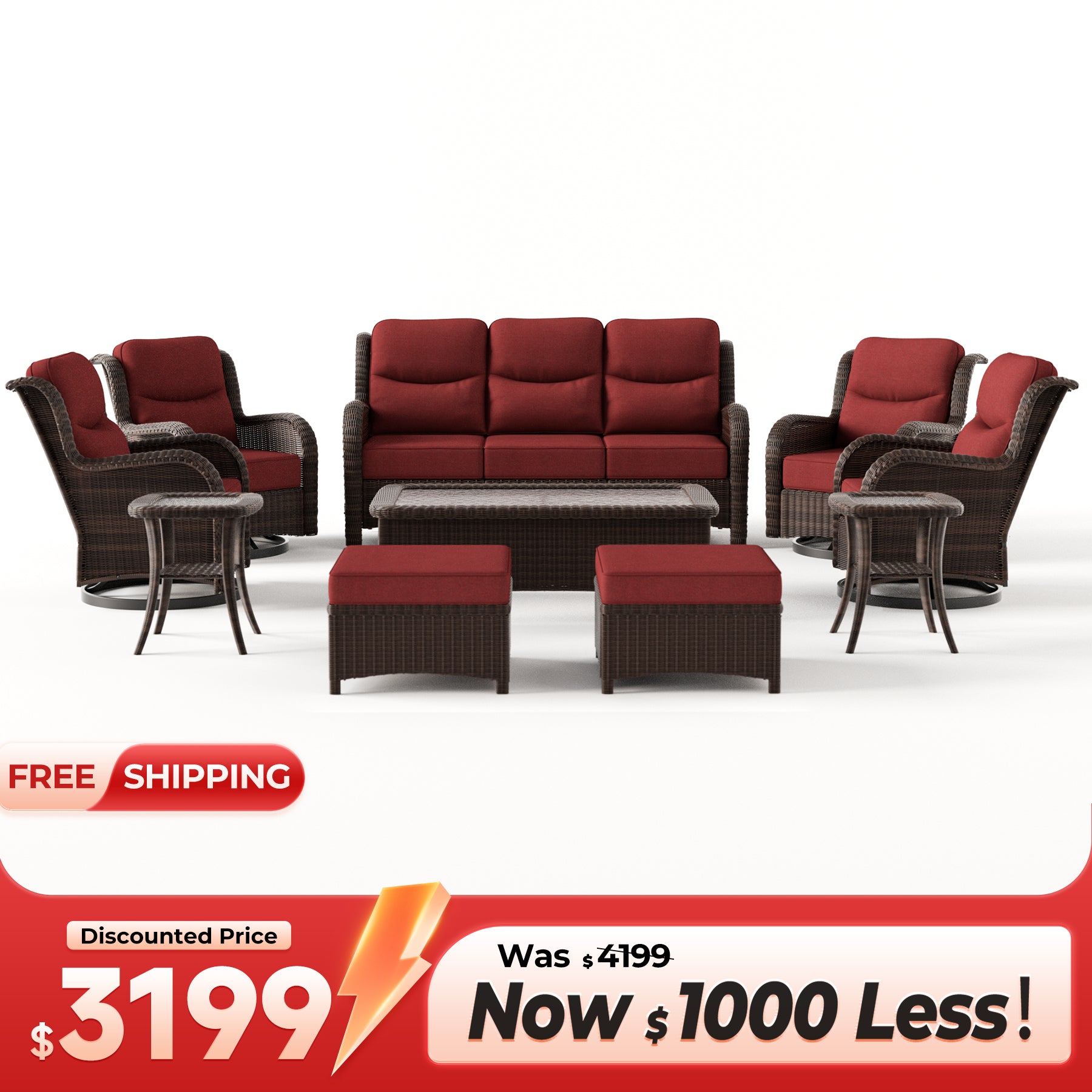 Ardenelle Luxury 9 Piece Patio Wicker Sofa Set With Ottomans, Tables And Covers
