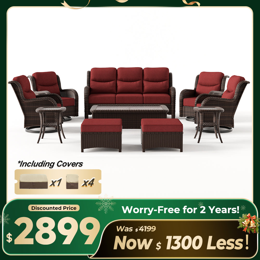 Ardenelle Luxury 10 Piece Patio Wicker Sofa Set With Ottomans, Tables And Covers