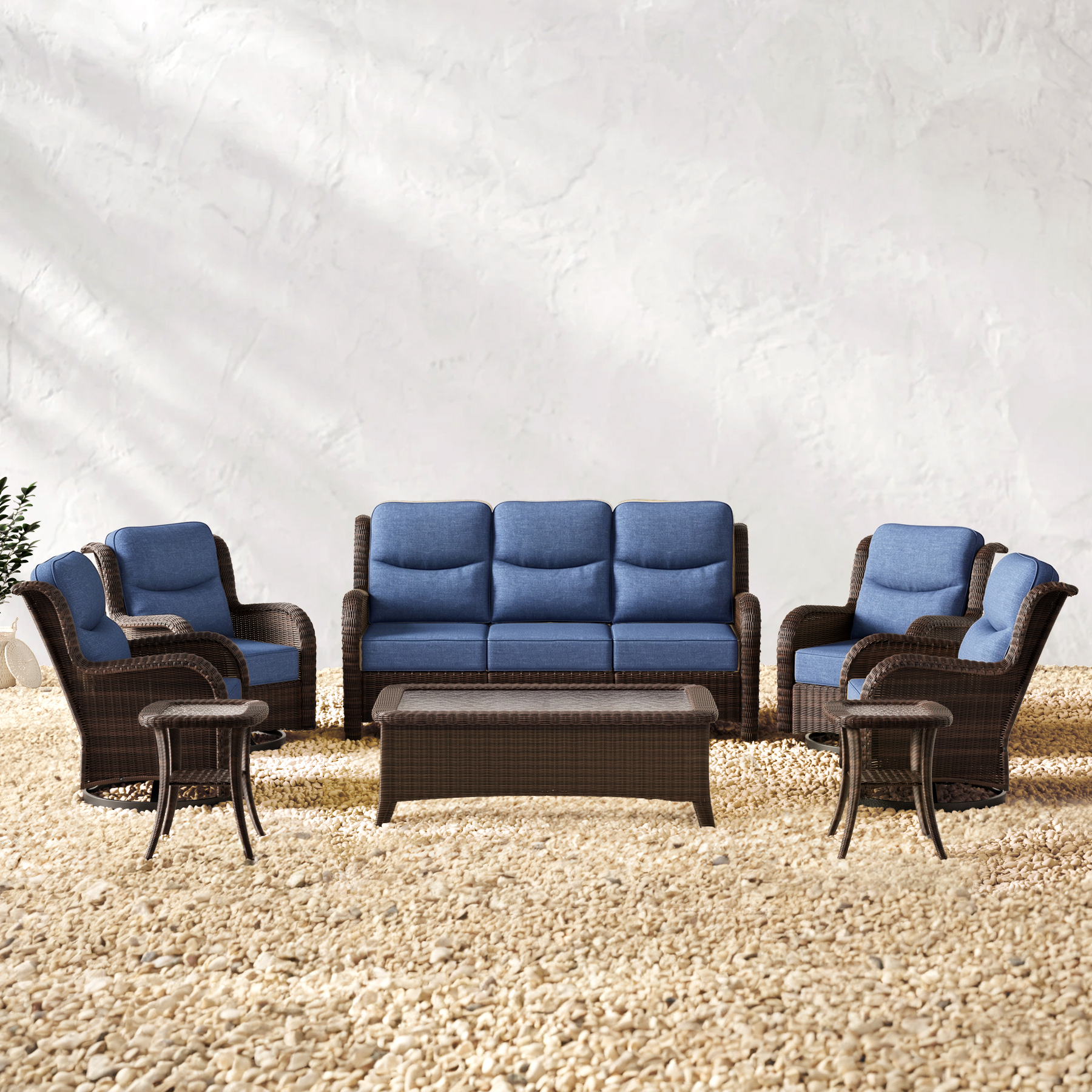 Ardenelle Luxury 7 Piece Patio Wicker Blue Sofa Set With Tables