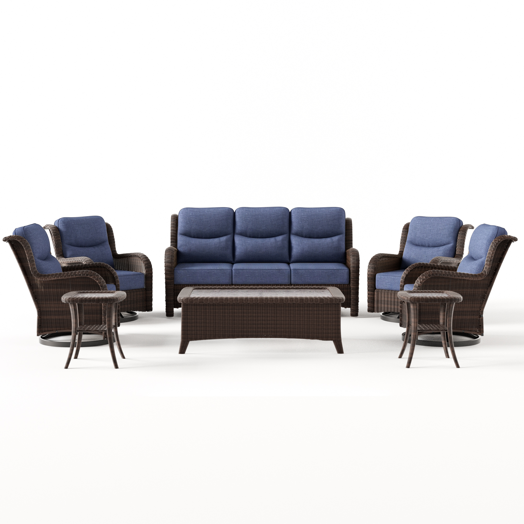 Ardenelle Luxury 7 Piece Patio Wicker Blue Sofa Set With Tables