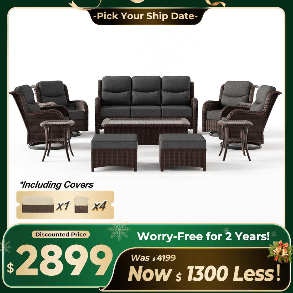 Ardenelle Luxury 10 Piece Patio Wicker Sofa Set With Ottomans, Tables And Covers