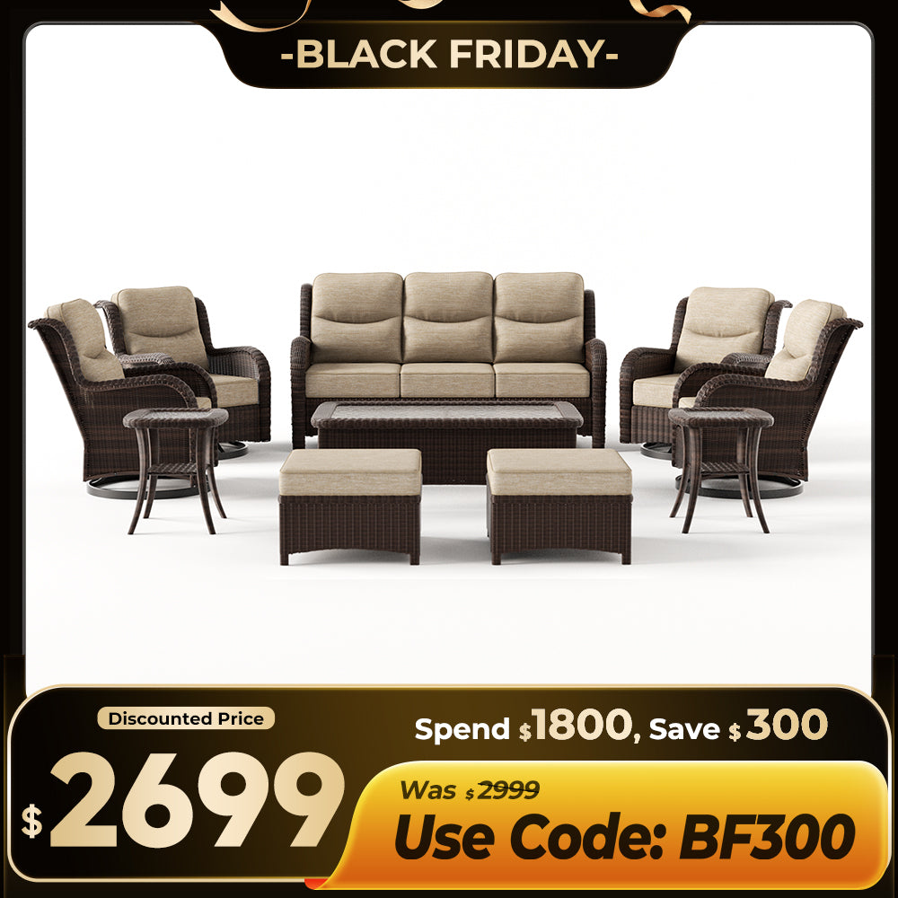 【Extra $300 OFF | CODE: BF300】Ardenelle Luxury 10 Piece Patio Wicker Sofa Set With Ottomans, Tables And Covers