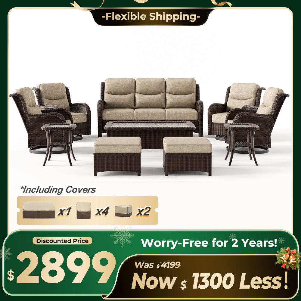 Ardenelle Luxury 10 Piece Patio Wicker Sofa Set With Ottomans, Tables And Covers