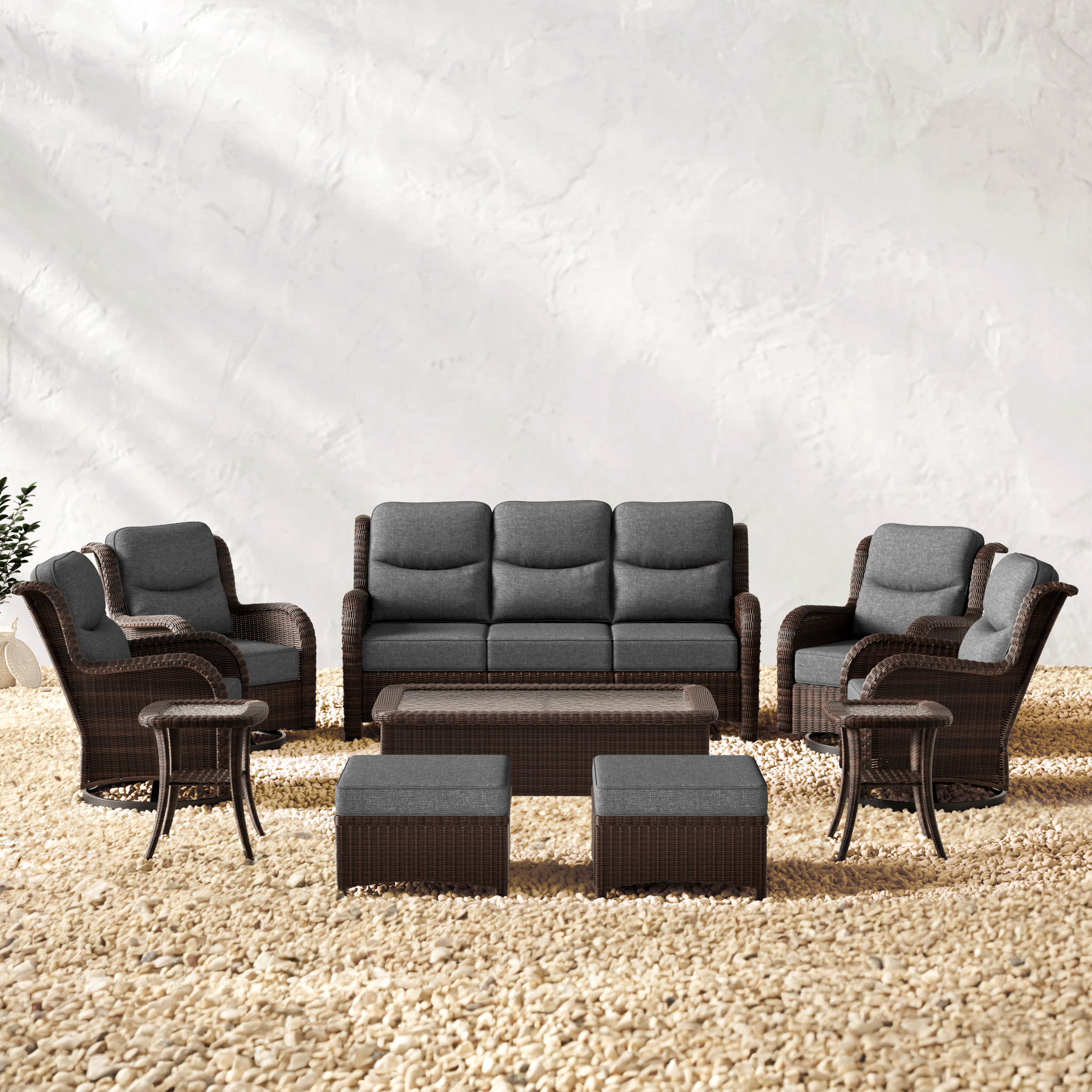 Ardenelle Luxury 9 Piece Patio Wicker Sofa Set With Ottomans, Tables And Covers