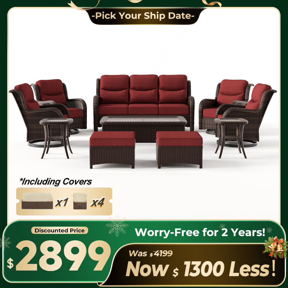 Ardenelle Luxury 10 Piece Patio Wicker Sofa Set With Ottomans, Tables And Covers