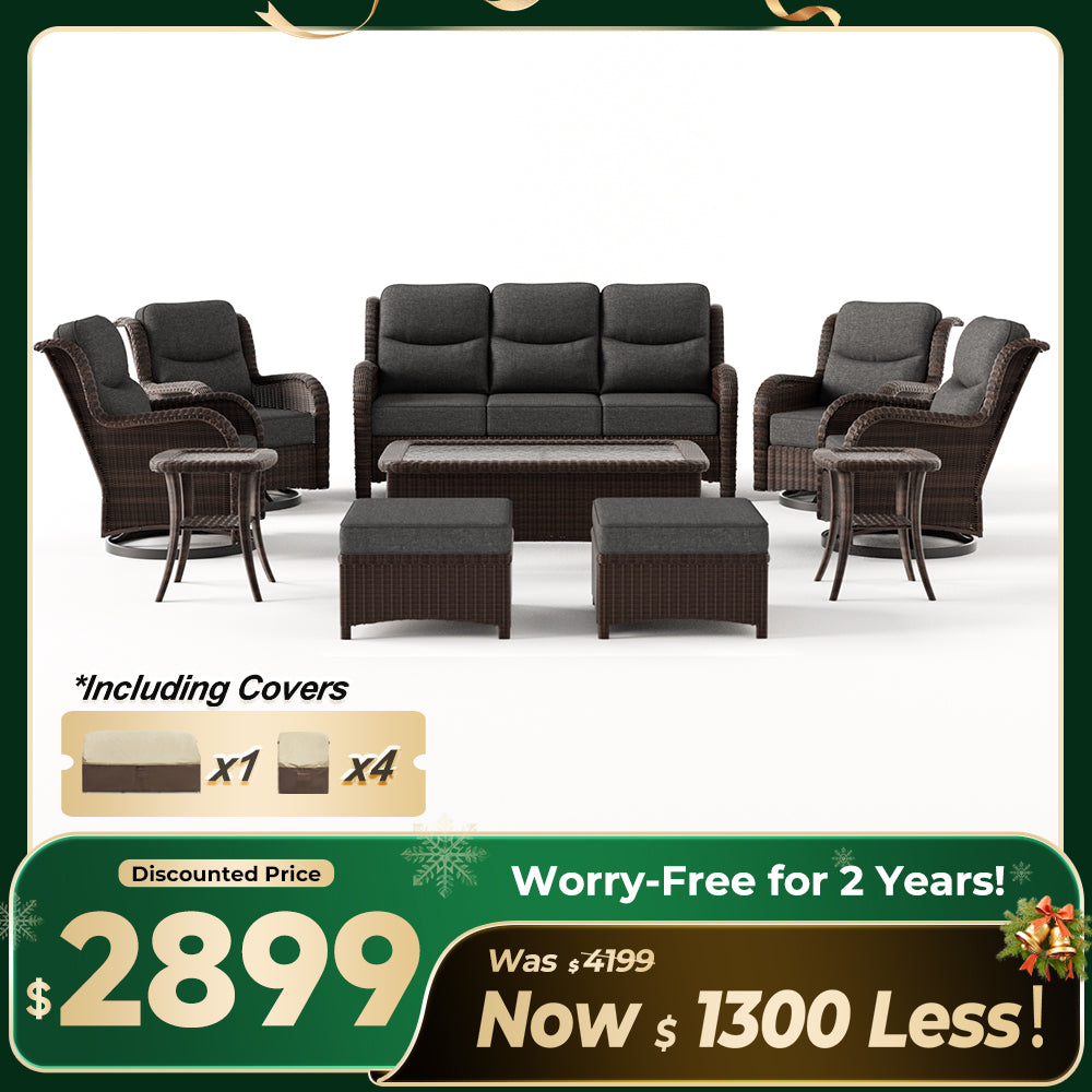 Ardenelle Luxury 10 Piece Patio Wicker Sofa Set With Ottomans, Tables And Covers