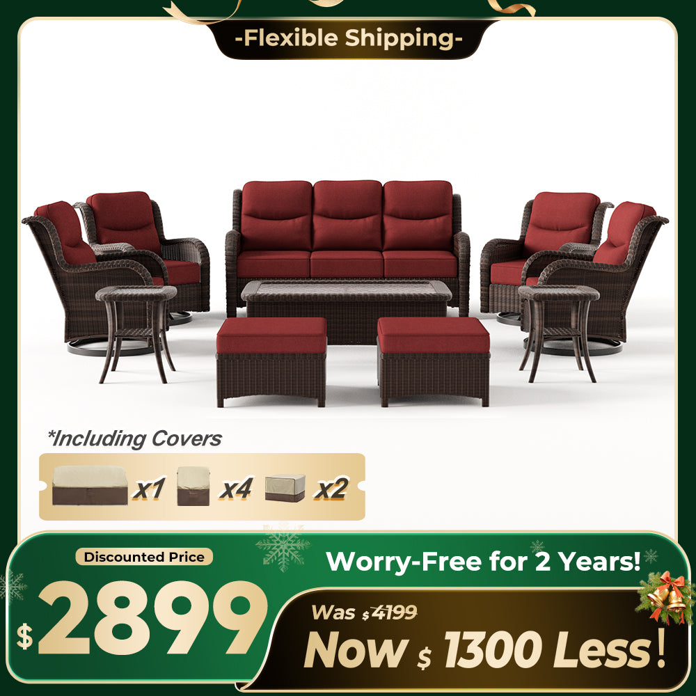 Ardenelle Luxury 10 Piece Patio Wicker Sofa Set With Ottomans, Tables And Covers