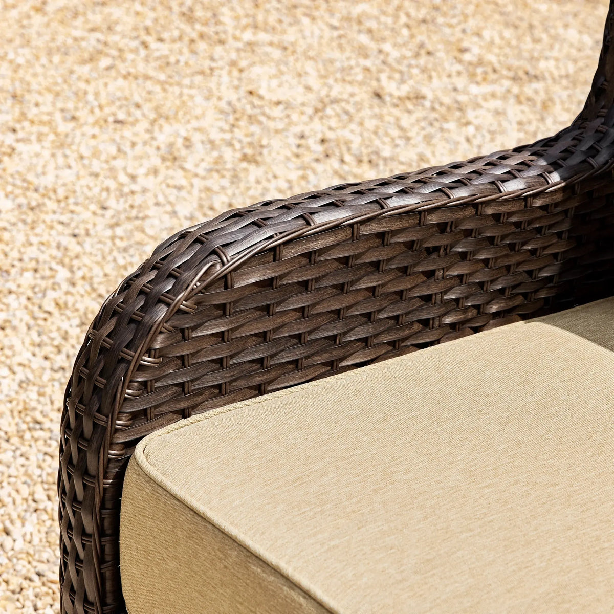 Hawthorne Sand Wicker Furniture Patio Sofa And Swivel Glider Chairs With 6-Inch Cushions