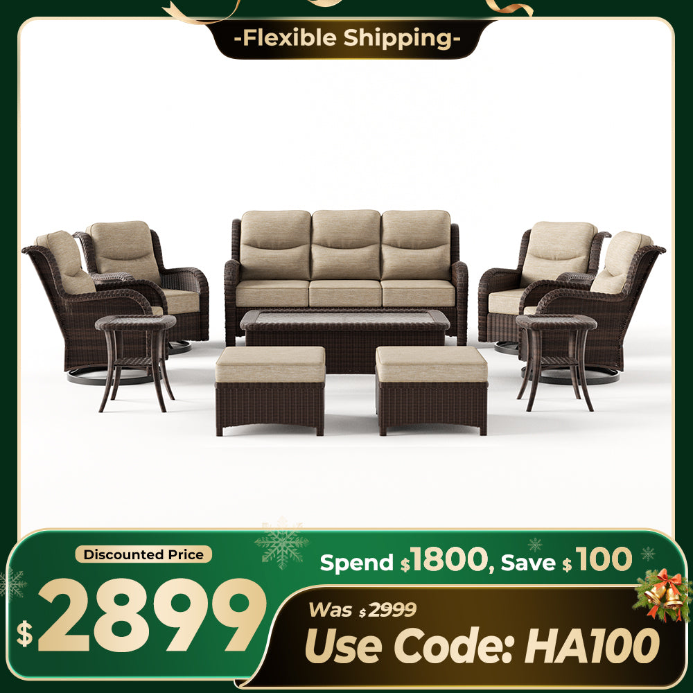 【Extra $100 OFF | CODE: HA100】Ardenelle Luxury 10 Piece Patio Wicker Sofa Set With Ottomans, Tables And Covers