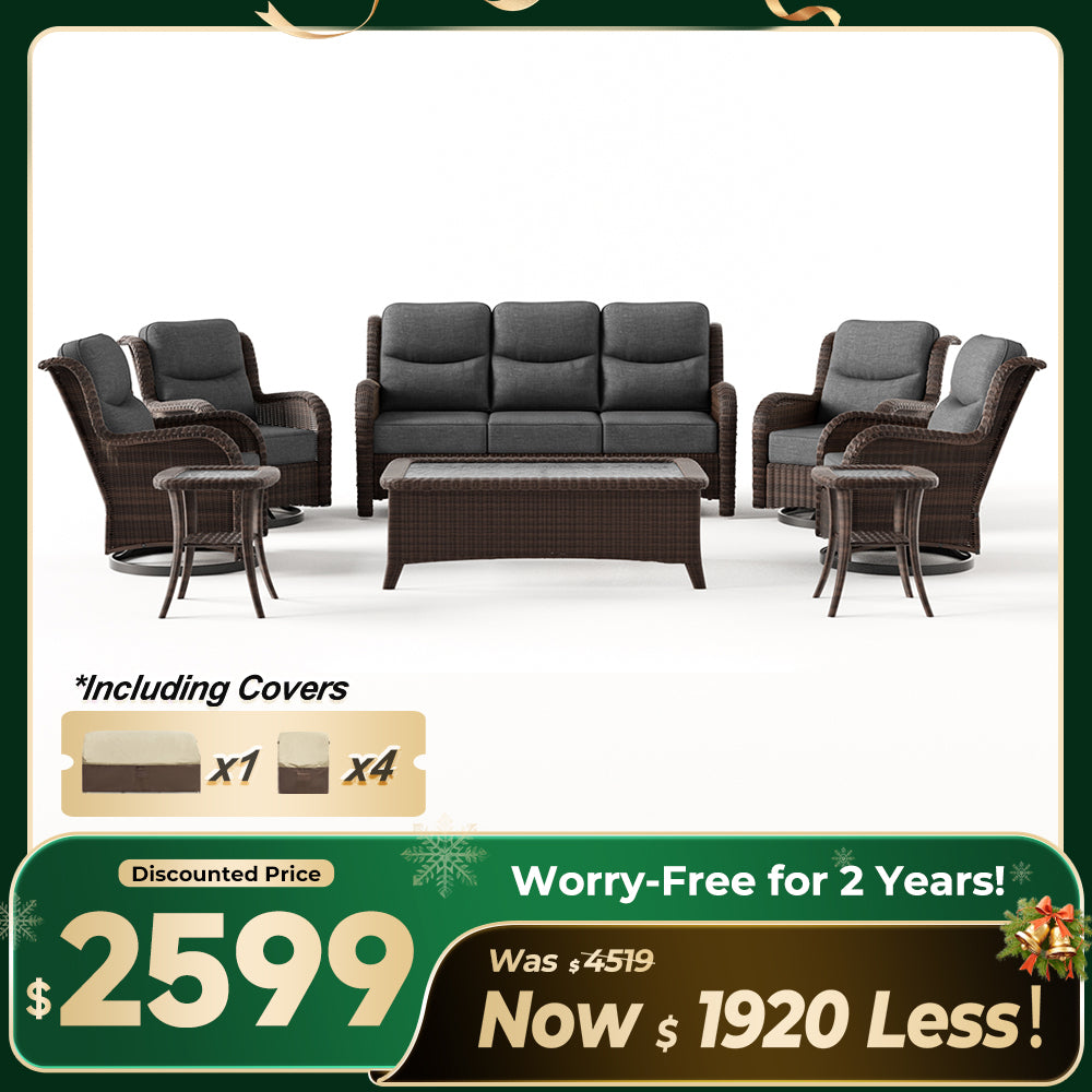 Ardenelle Luxury 7 Piece Patio Wicker Dark Grey Sofa Set With Tables And Covers