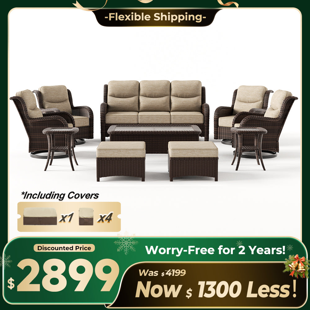 Ardenelle Luxury 10 Piece Patio Wicker Sofa Set With Ottomans, Tables And Covers