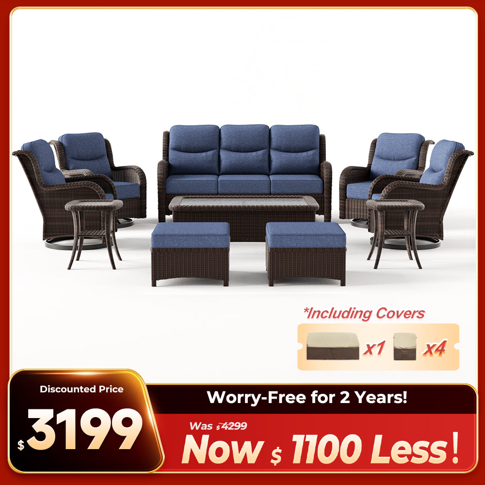 Ardenelle Luxury 10 Piece Patio Wicker Sofa Set With Ottomans, Tables