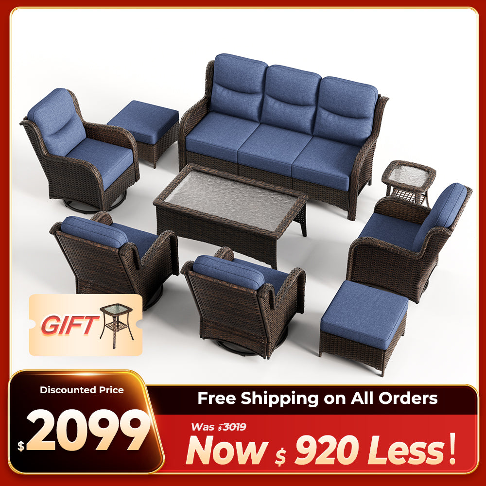 Hawthorne 9 Pieces All Weather Outdoor Wicker Sofa Set with Tables and Cushions for Backyard