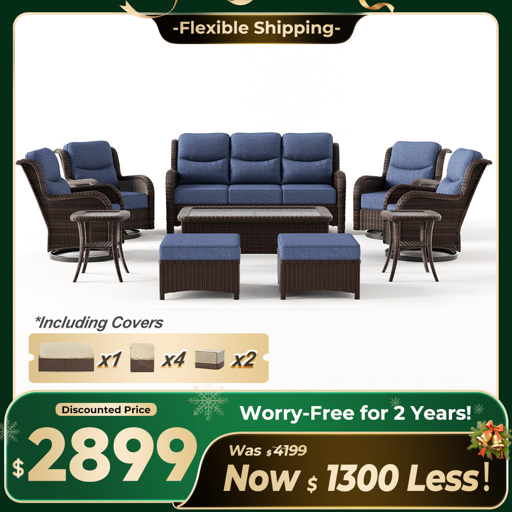 Ardenelle Luxury 10 Piece Patio Wicker Sofa Set With Ottomans, Tables And Covers