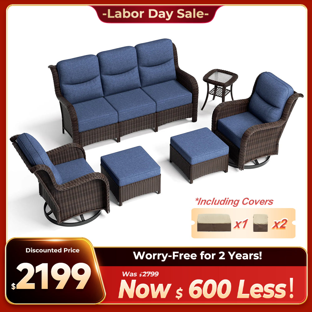 Ardenelle Luxury 6 Piece Patio Wicker Sofa Set With Ottomans, Side tables