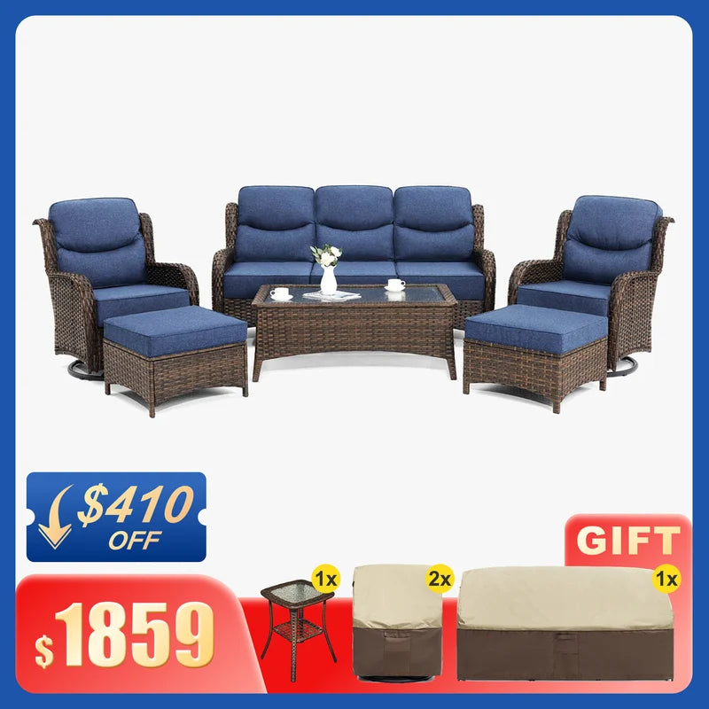 Hawthorne Blue Wicker Furniture Patio Sofa And Swivel Glider Chairs With 6-Inch Cushions