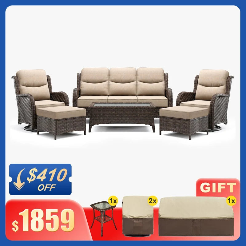 Hawthorne Sand Wicker Furniture Patio Sofa And Swivel Glider Chairs With 6-Inch Cushions