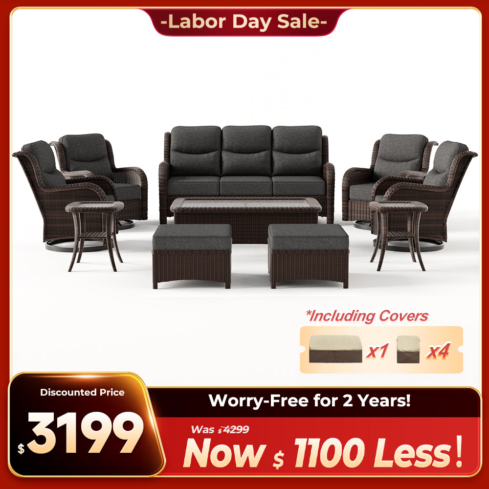 Ardenelle Luxury 10 Piece Patio Wicker Sofa Set With Ottomans, Tables