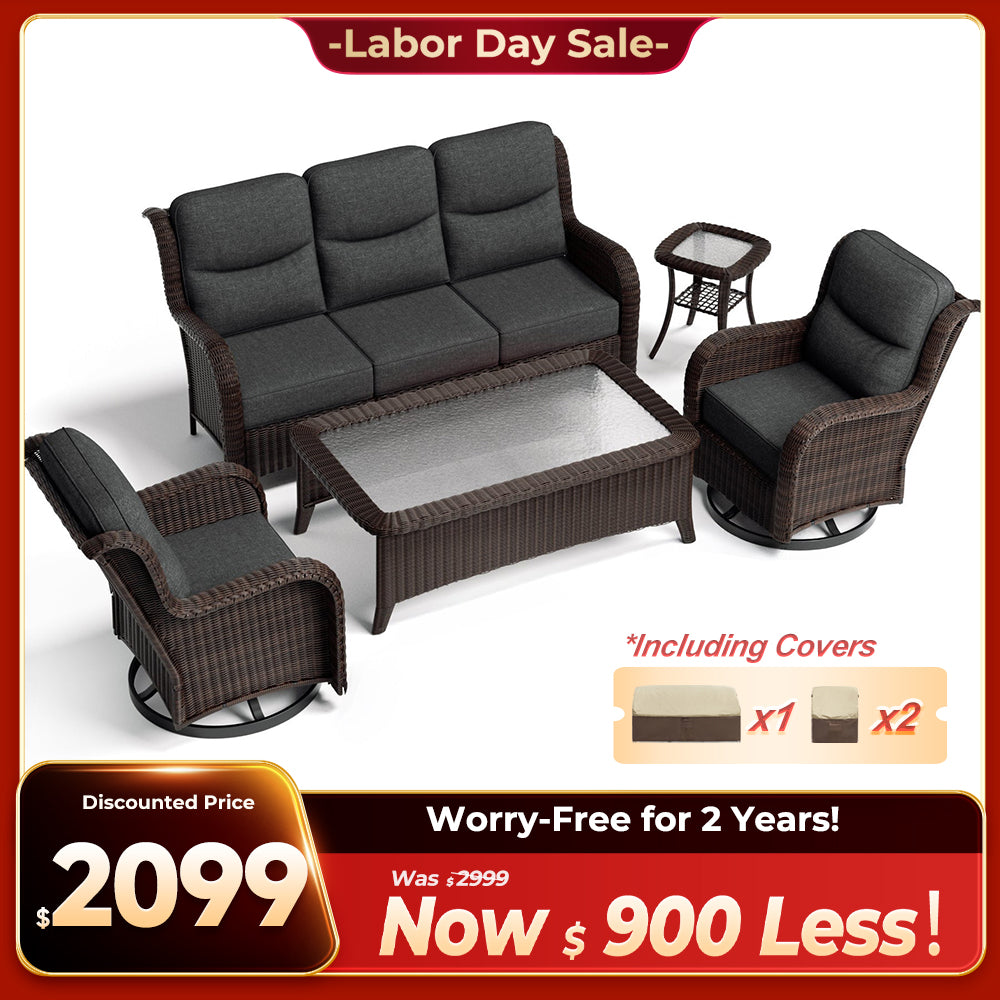 Ardenelle Luxury 5 Piece Patio Wicker Dark Grey Sofa Set With Tables