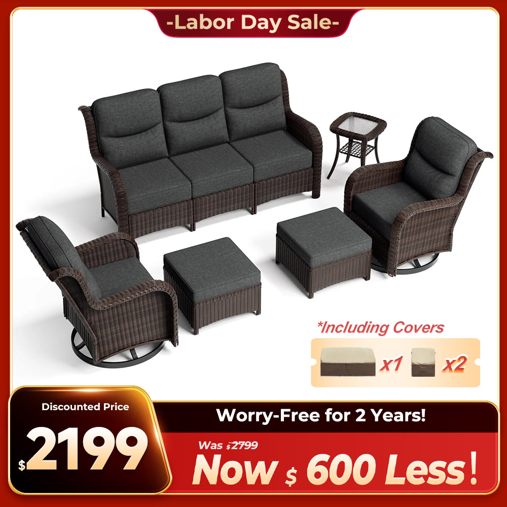 Ardenelle Luxury 6 Piece Patio Wicker Sofa Set With Ottomans, Side tables