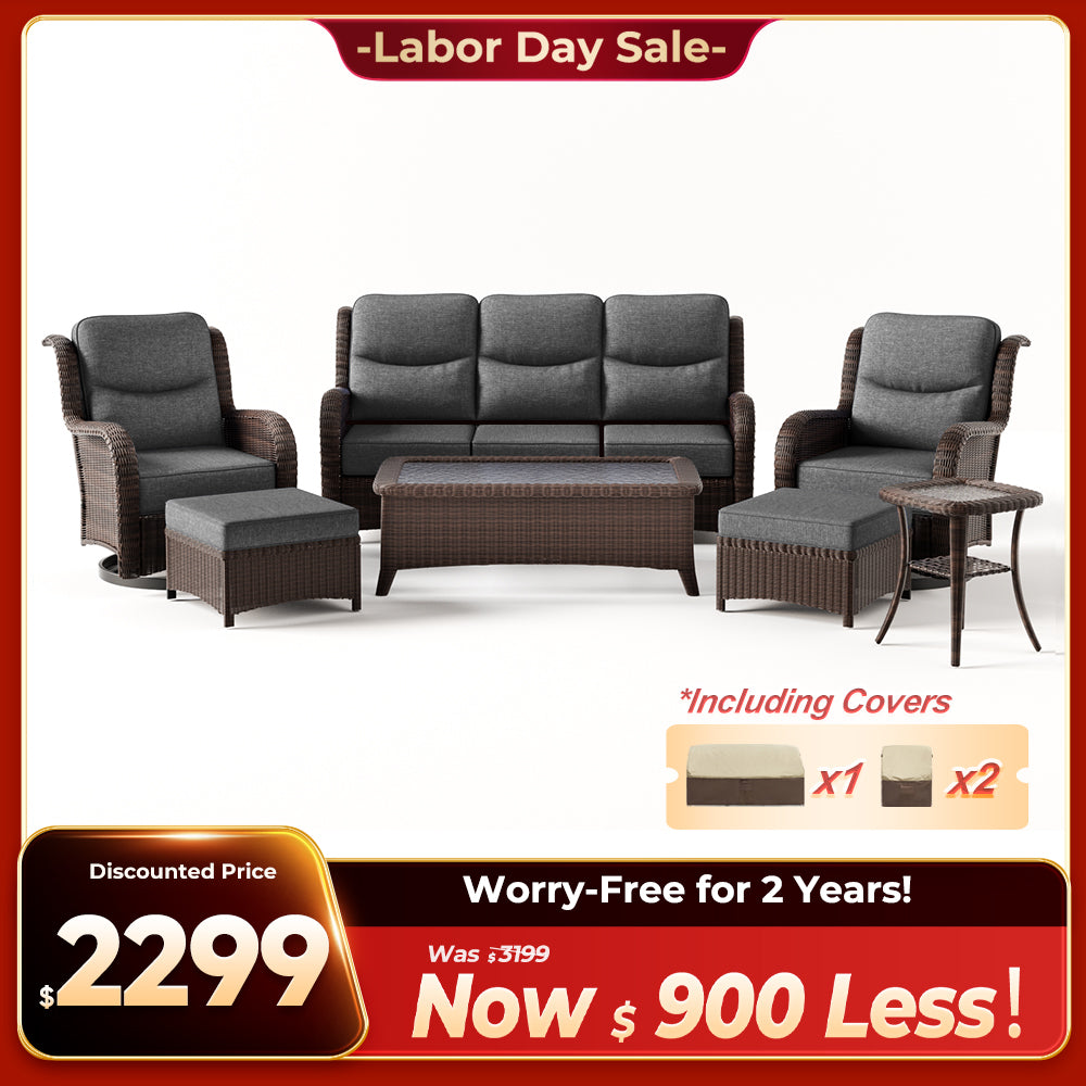Ardenelle Luxury 7 Piece Patio Wicker Sofa Set With Ottomans, Tables