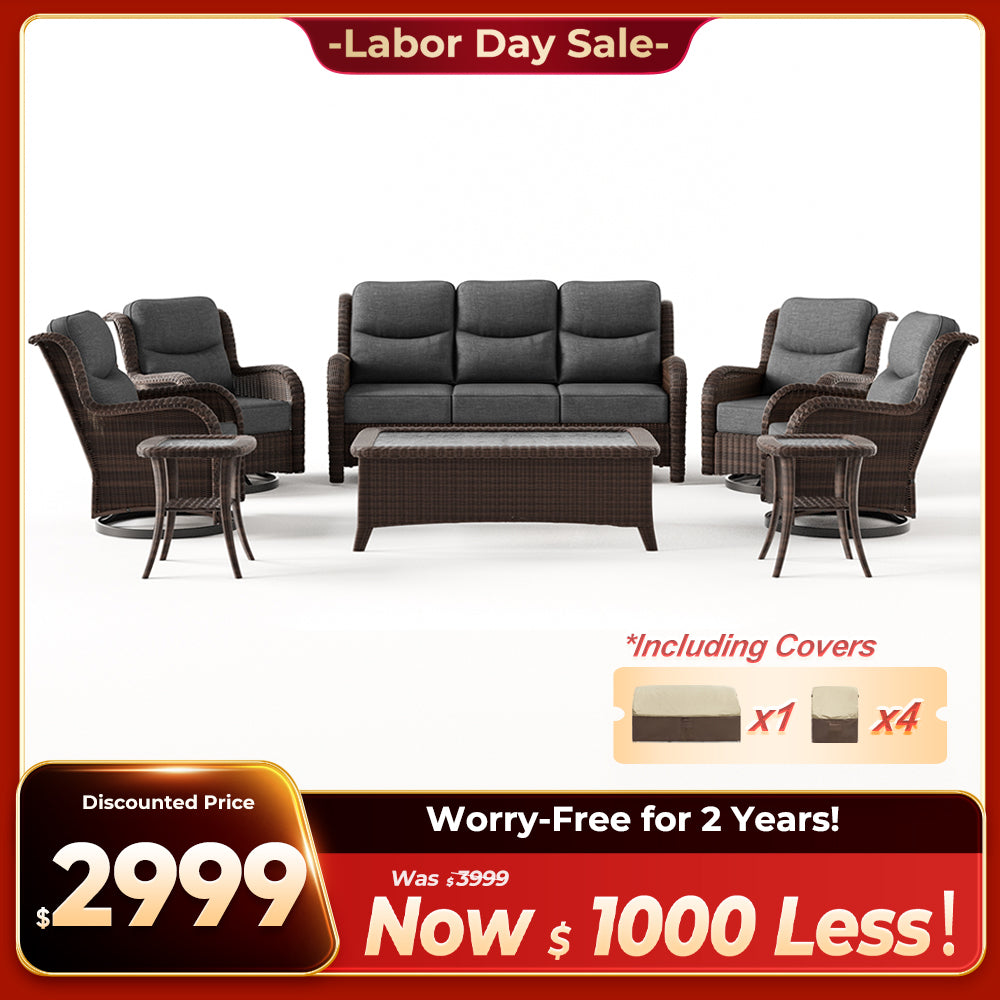 Ardenelle Luxury 7 Piece Patio Wicker Sofa Set With Tables