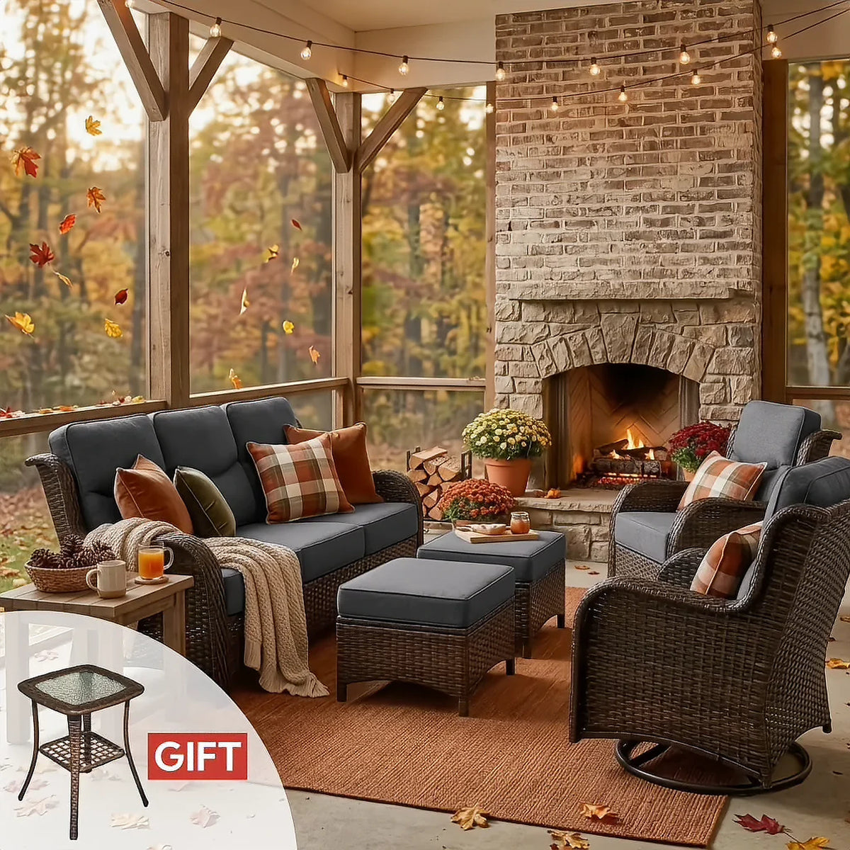 Hawthorne 5 Piece Patio Rattan Sofa Set with Swivel Chairs & Ottomans