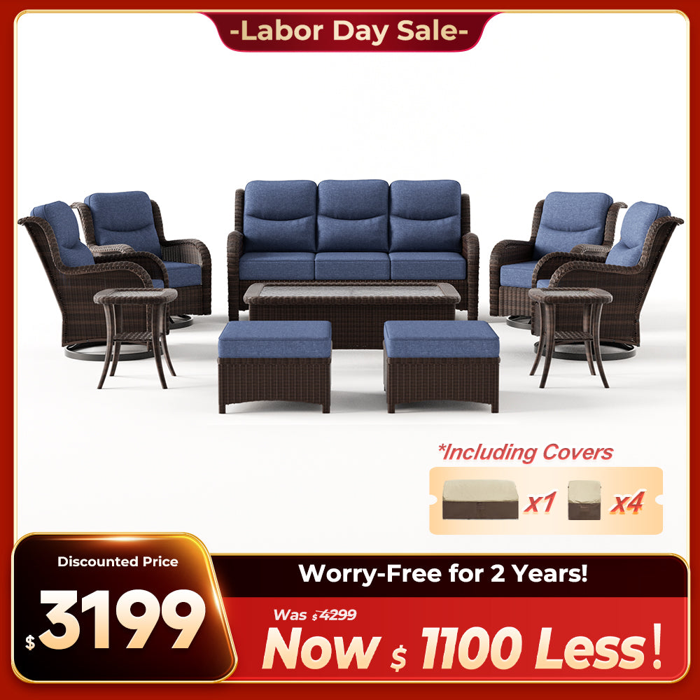 Ardenelle Luxury 10 Piece Patio Wicker Sofa Set With Ottomans, Tables