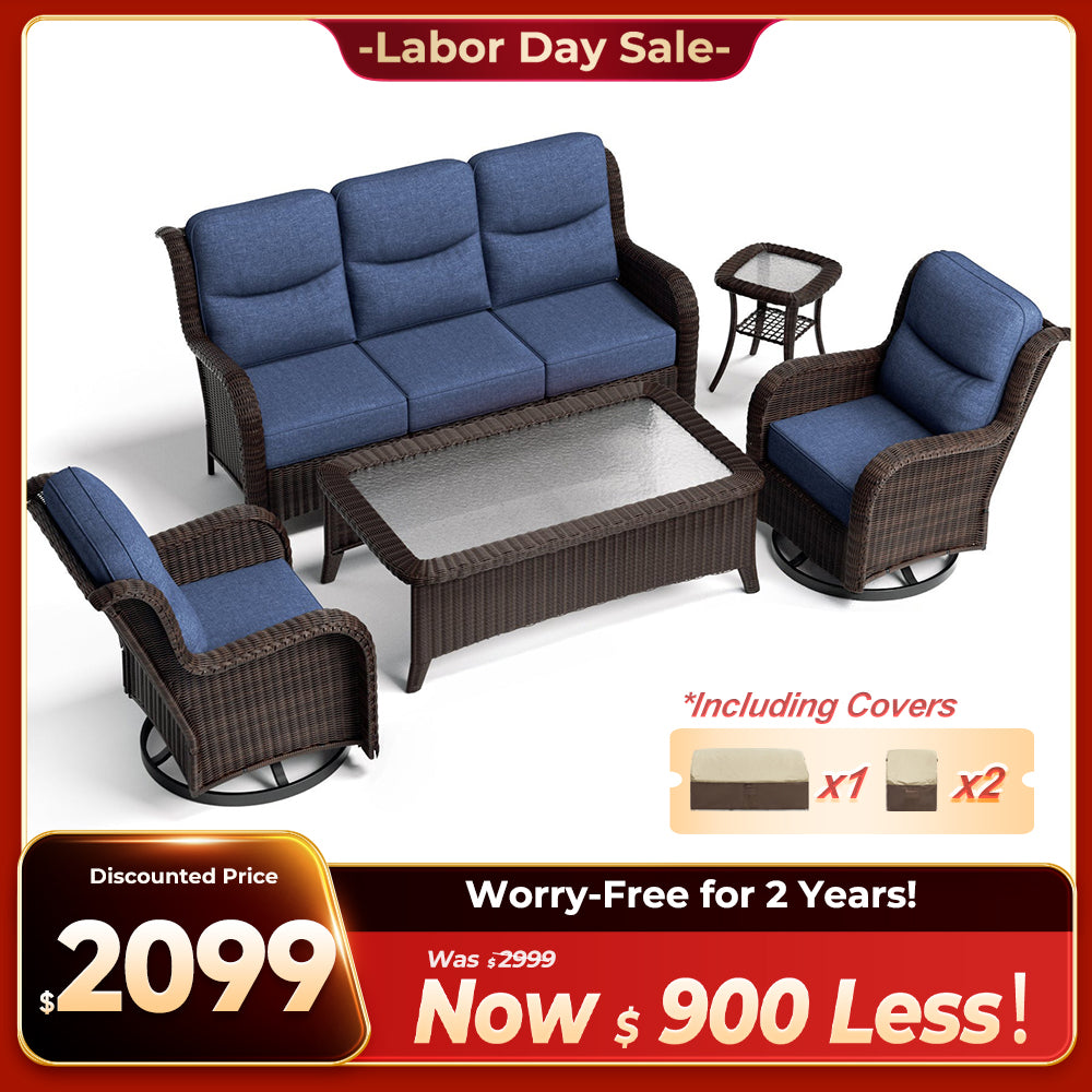 Ardenelle Luxury 5 Piece Patio Wicker Blue Sofa Set With Tables