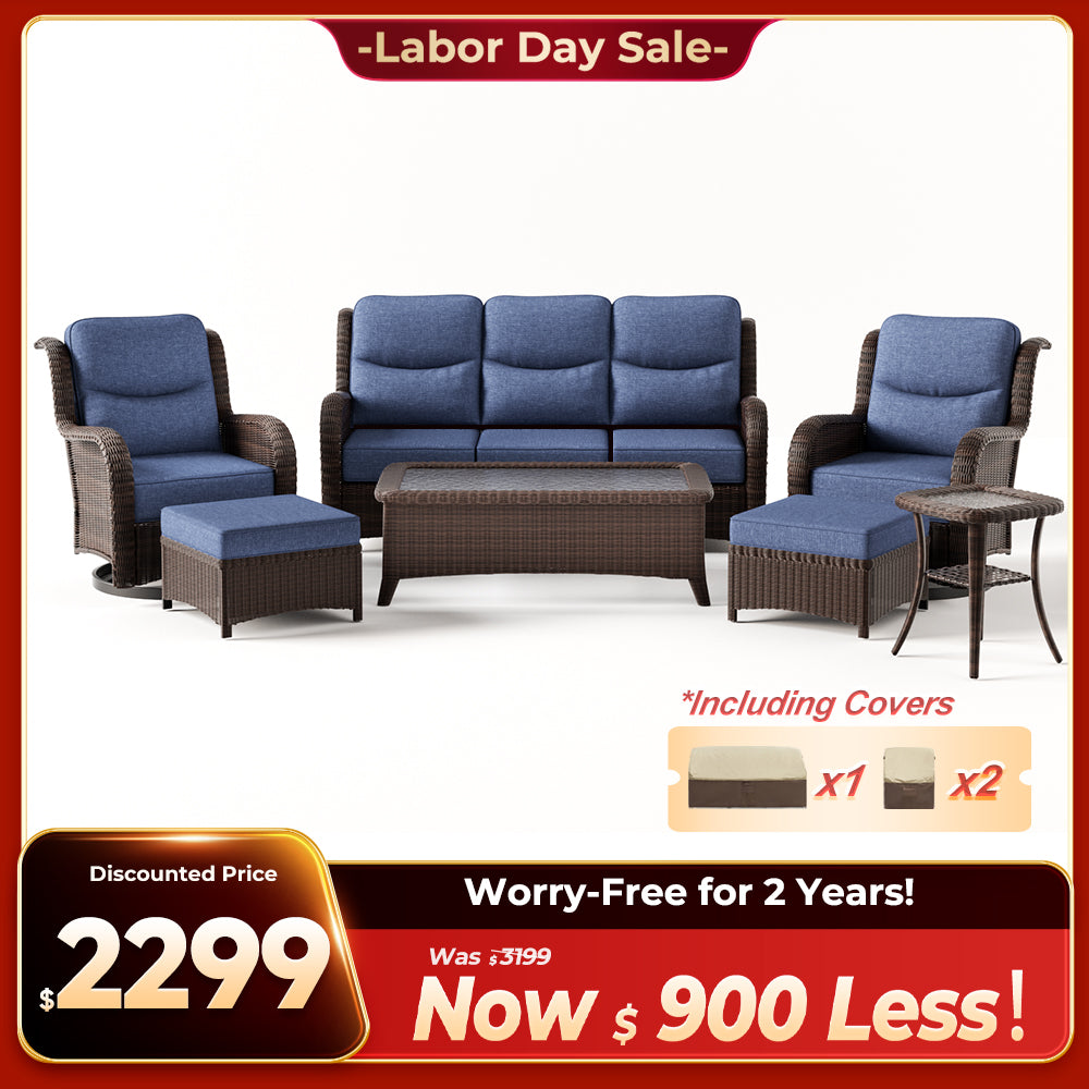 Ardenelle Luxury 7 Piece Patio Wicker Sofa Set With Ottomans, Tables