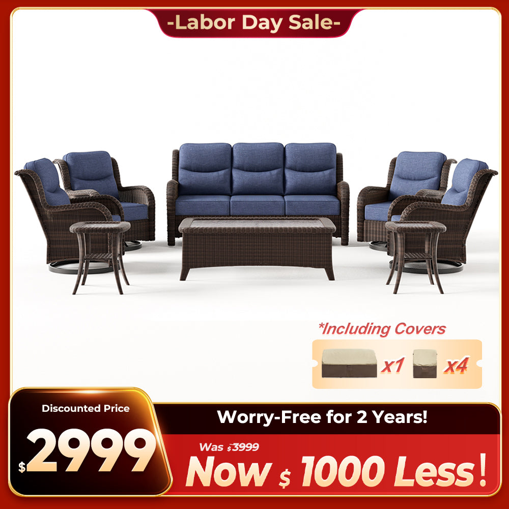 Ardenelle Luxury 7 Piece Patio Wicker Blue Sofa Set With Tables