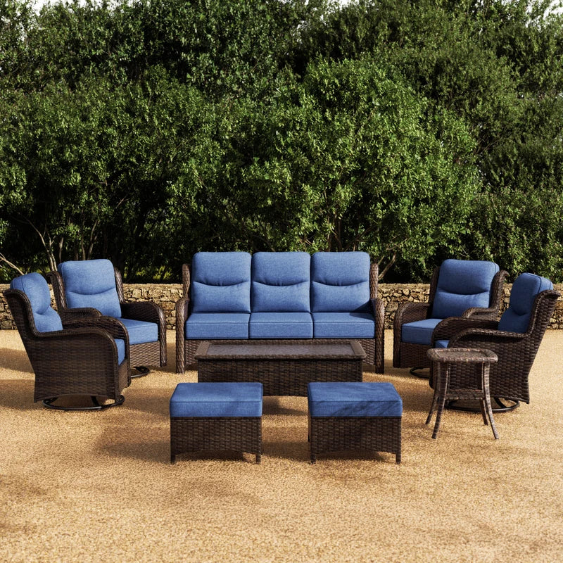 Hawthorne Blue Wicker Furniture Patio Sofa And Swivel Glider Chairs With 6-Inch Cushions