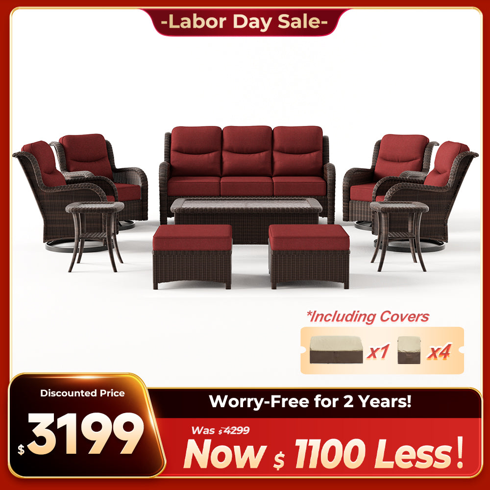 Ardenelle Luxury 10 Piece Patio Wicker Sofa Set With Ottomans, Tables