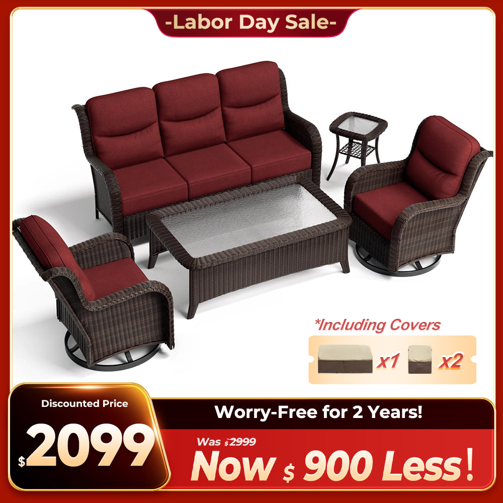 Ardenelle Luxury 5 Piece Patio Wicker Sofa Set With Tables