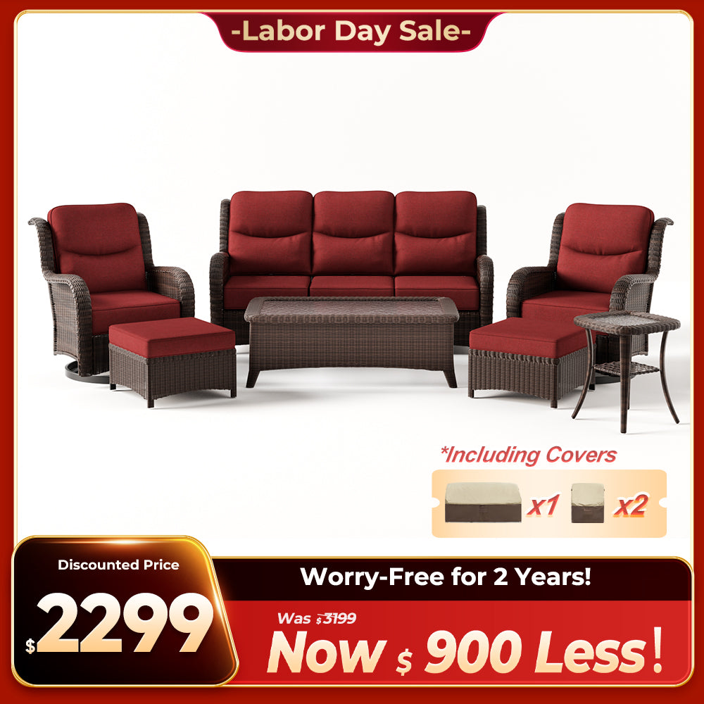 Ardenelle Luxury 7 Piece Patio Wicker Sofa Set With Ottomans, Tables